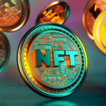 Nft Non Fungible Token Golden Coins Falling. Trendy Cryptocurrencies And Coins On The Blockchain Technology. Close Up View Of Crypto Money In 3d Rendering